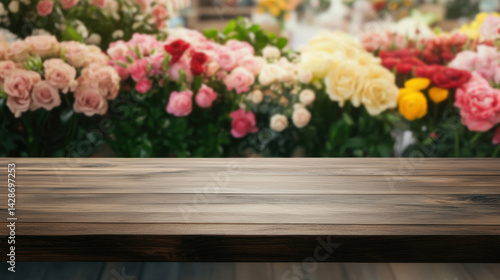 beautiful wooden table top is set against vibrant backdrop of colorful flowers, creating serene and inviting atmosphere perfect for gatherings or displays
