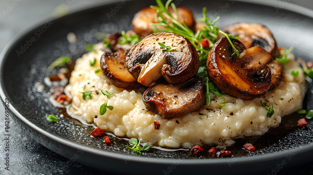Mushroom Risotto presented on a black textured surface with elegant side garnishing
