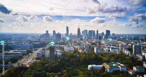 Timelapse of Warsaw cityscape with wifi symbols overlayed, perfect for techrelated designs, travel blogs, or online mapping services visuals. Trendy and informative.