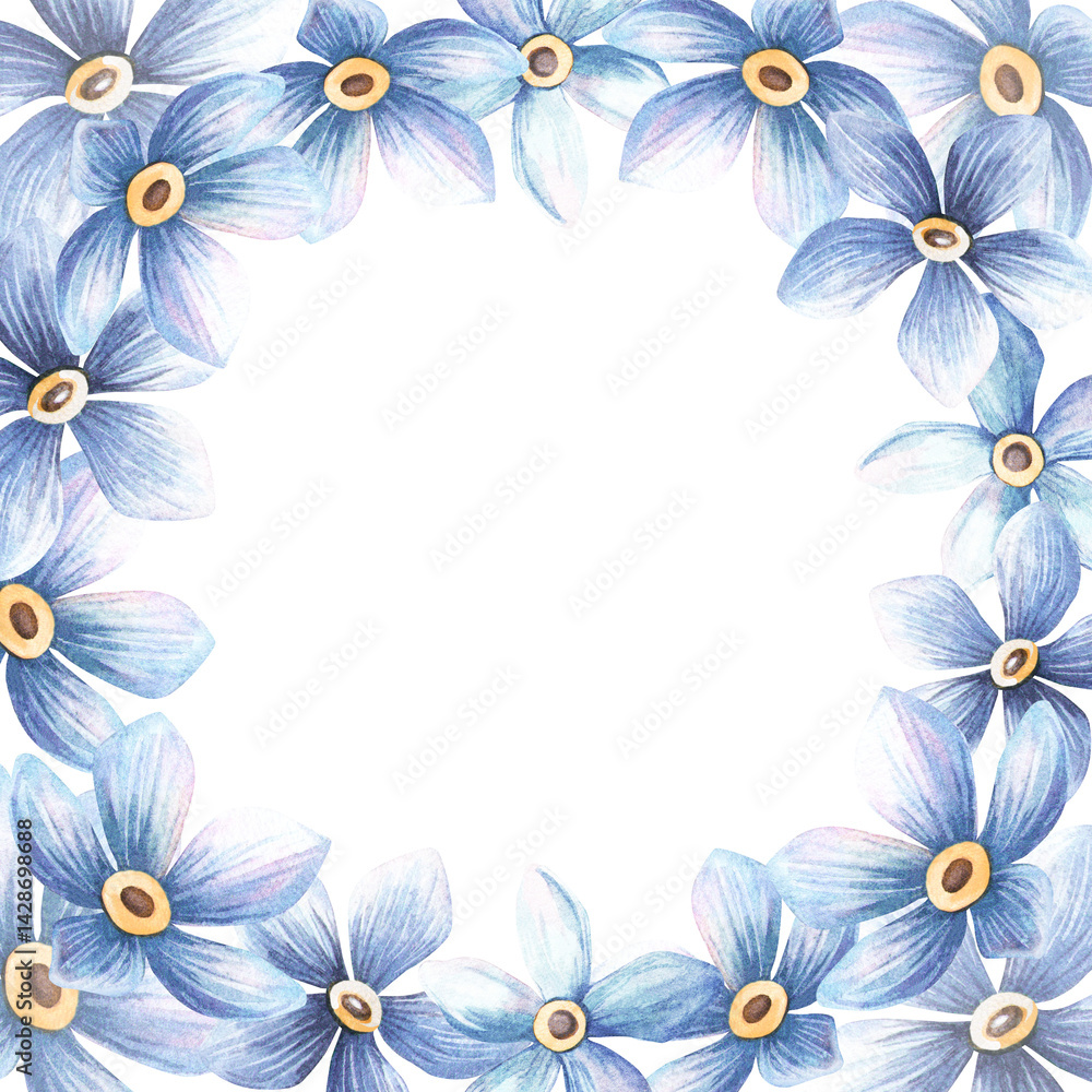 Blue pastel flowers blossom square frame and circle template. Floral forget-me-not wreath with white background Perfect for botanical event arrangement, wedding invitations, spring seasonal decoration Blue pastel flowers blossom square frame and circle template. Floral forget-me-not wreath with white background Perfect for botanical event arrangement, wedding invitations, spring seasonal decoration