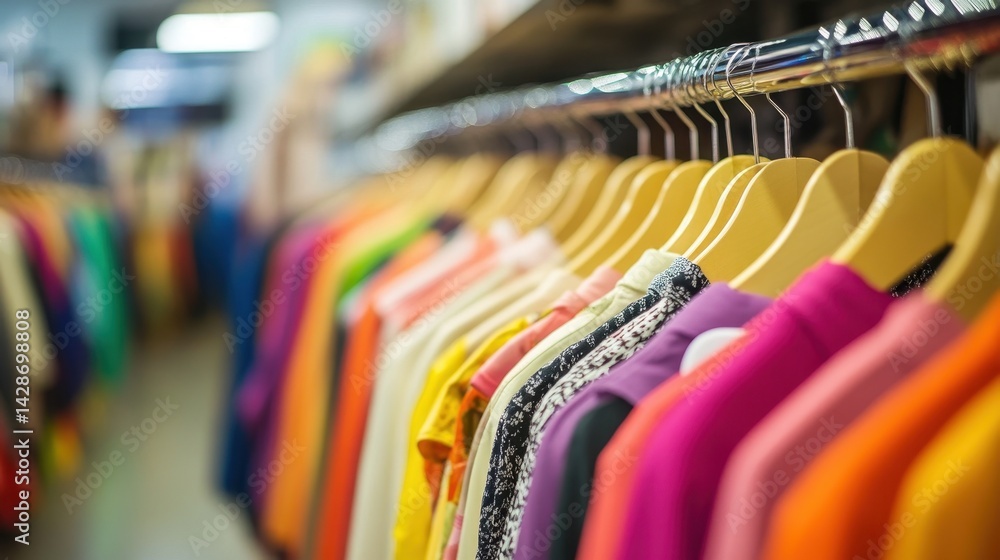 Vivid array of colorful clothes on wooden hangers in a retail shop. Vivid array of colorful clothes on wooden hangers in a retail shop.