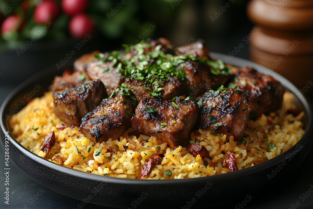 Mutton Biryani styled on dark grey background with clean plating and props