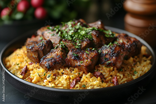 Mutton Biryani styled on dark grey background with clean plating and props