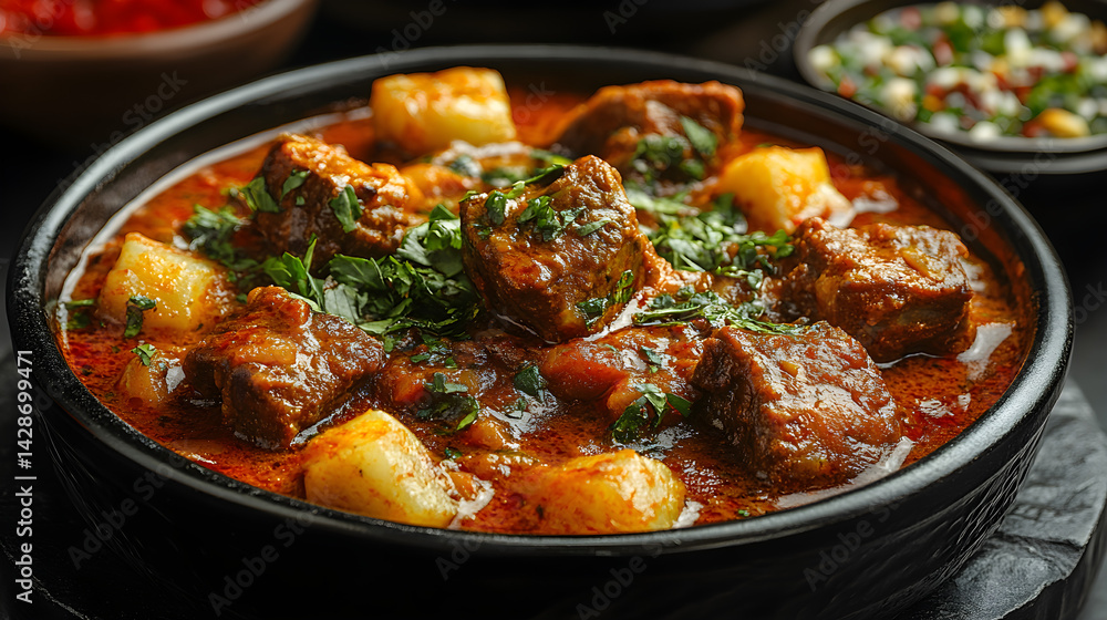 Mutton Curry presented on a black textured surface with elegant side garnishing