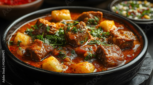 Obraz na płótnie Mutton Curry presented on a black textured surface with elegant side garnishing w salonie