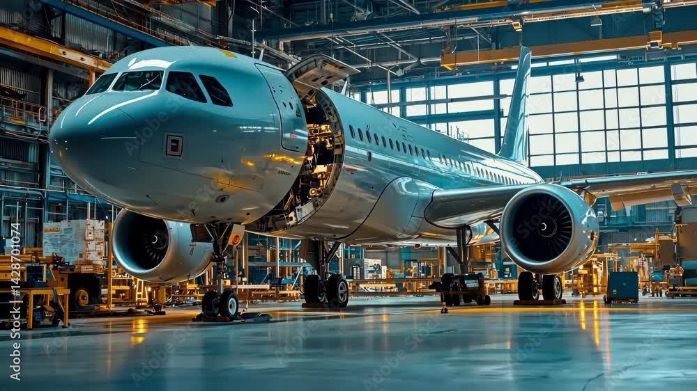 Airplane during service with tools and staff, realistic aviation production visual. Airplane during service with tools and staff, realistic aviation production visual.