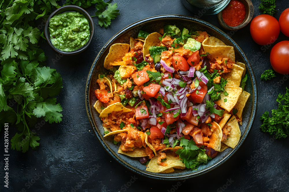 Nachos Supreme styled on dark grey background with clean plating and props