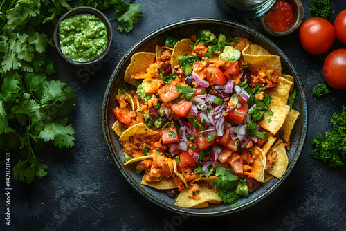 Nachos Supreme styled on dark grey background with clean plating and props