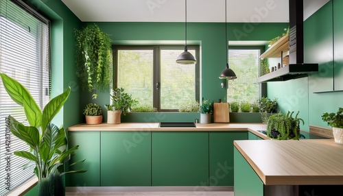 chic minimal kitchen with green palette featuring seamless plant integration
