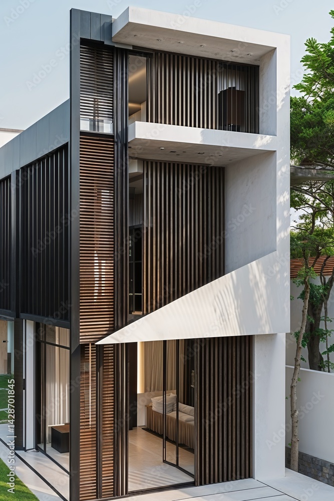 Fototapeta premium Modern architectural facade a study in contrasts materials and light