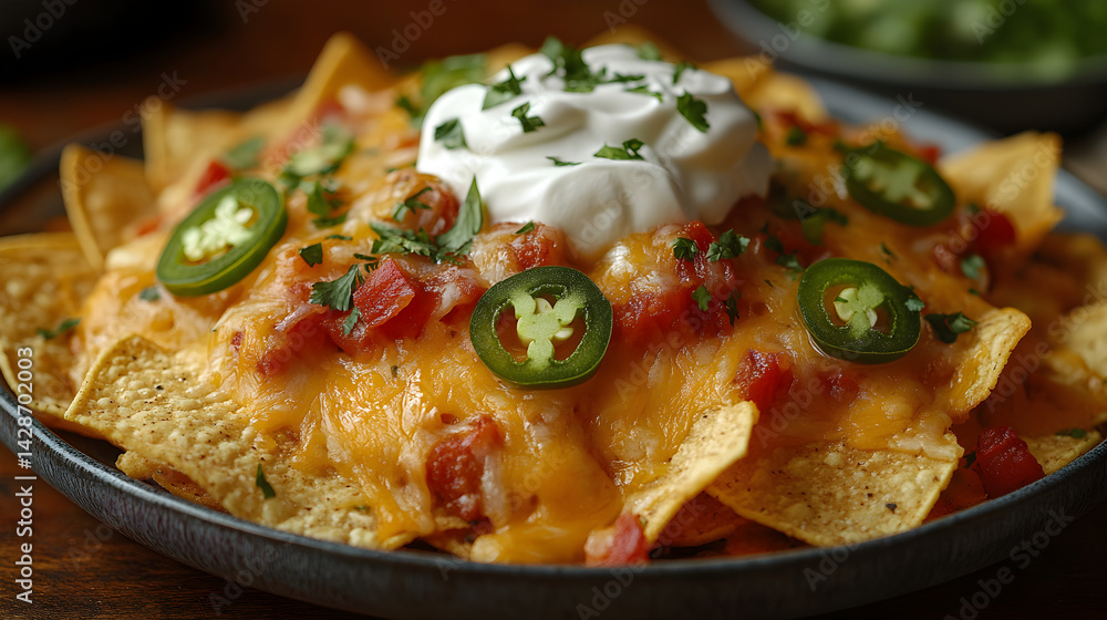 Nachos Supreme topped with cheese, sour cream, and jalapeños