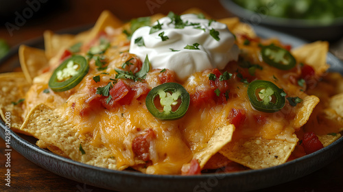Obraz na płótnie Nachos Supreme topped with cheese, sour cream, and jalapeños w salonie