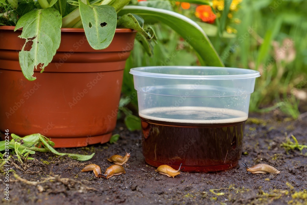 Image of effective beer slug trap on flower pot: prevent slug damage to garden plants, leaves, and flowers