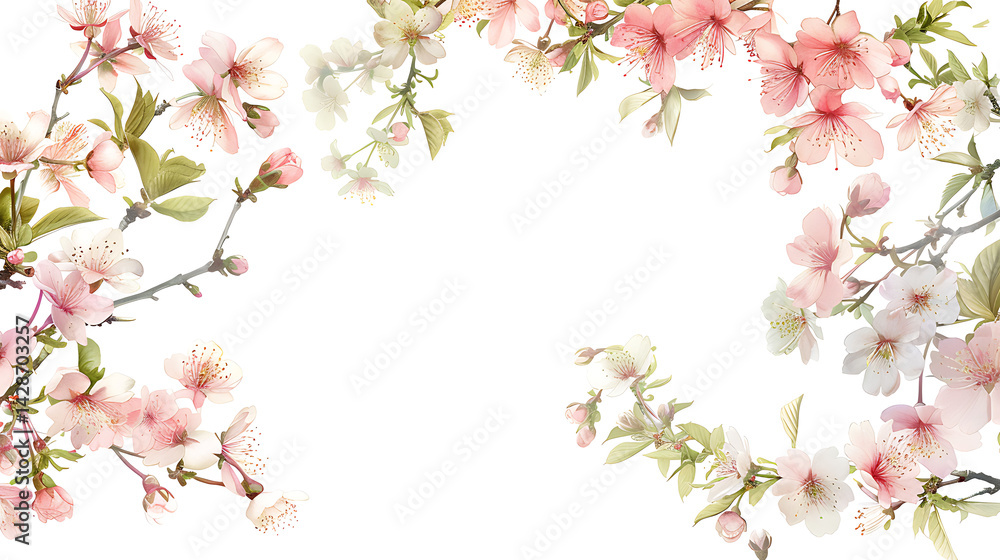 Delicate cherry blossom branches framing a serene white background, perfect for spring designs Delicate cherry blossom branches framing a serene white background, perfect for spring designs