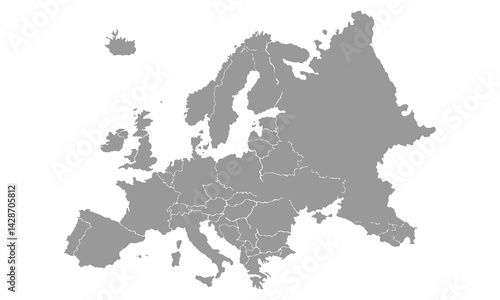 Grayscale political map of Europe showing country borders without names. Ideal for educational, geographic, or infographic purposes in digital or print media.