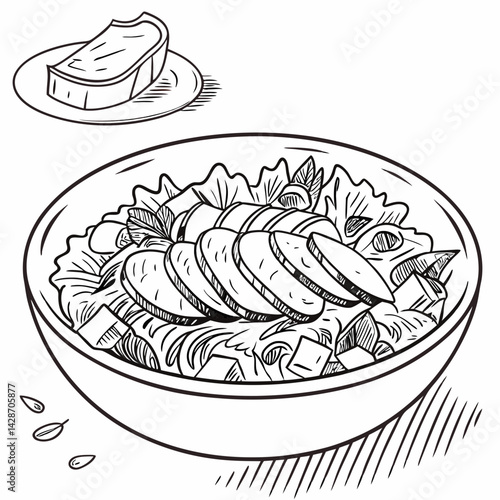 Caesar salad with chicken hand drawn engraving sketch Restaurant business concept Vector illustration.