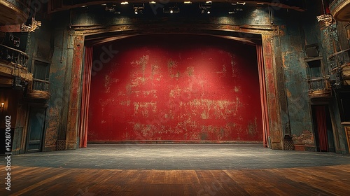 Empty Vintage Theater Stage with Red Backdrop and Worn Wooden Fr