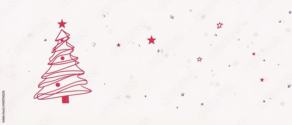 Obraz premium Simple red Christmas tree with scattered stars on a white background.