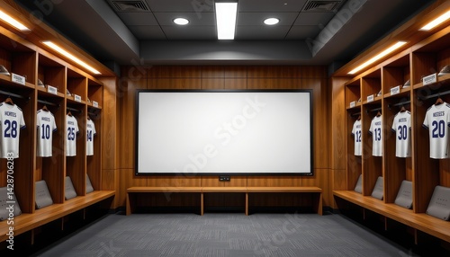football racing strategy. Modern sports locker room featuring wooden lockers and uniforms, with a large screen for team discussions and strategy.