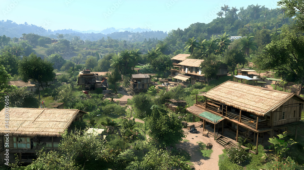 Elevated View Of Tropical Village In Lush Forest Elevated View Of Tropical Village In Lush Forest