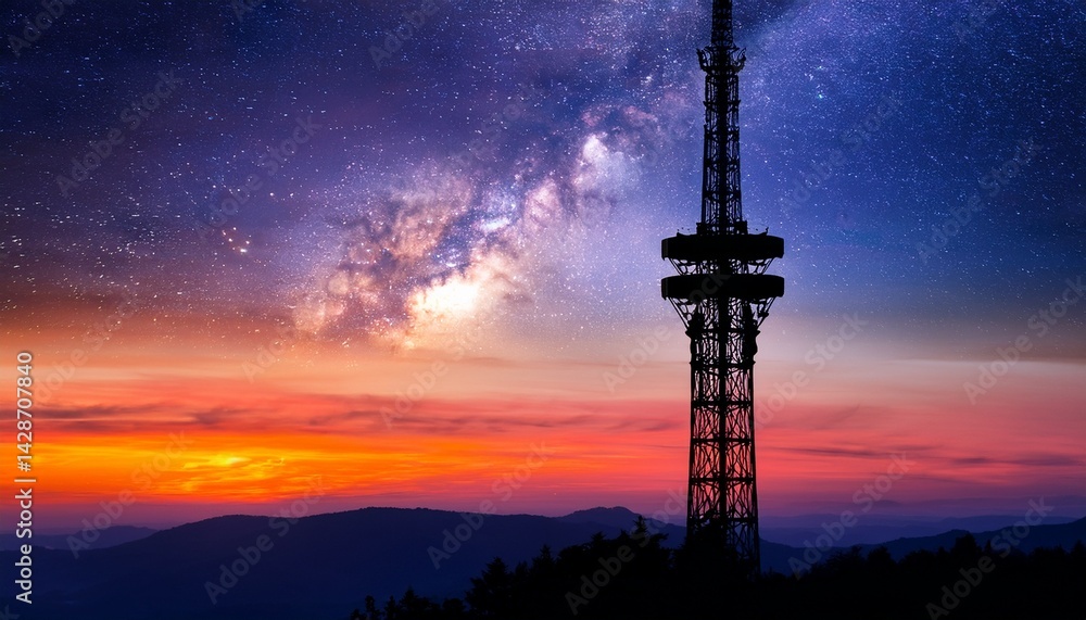 Naklejka premium Silhouetted Tower at Sunset with Cosmic Energy