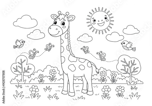 Fototapeta Naklejka Na Ścianę i Meble -  Smiling giraffe in sunny meadow with butterflies, birds, and flowers in a cute animal coloring book line art illustration