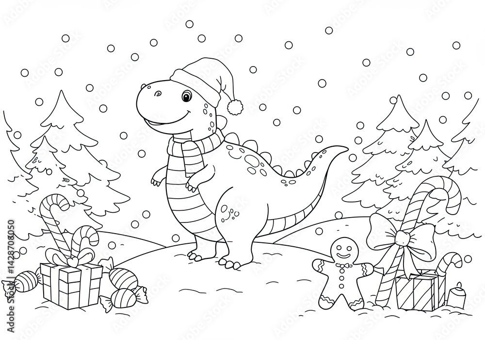 Fototapeta premium Dinosaur in Santa hat and scarf on snowy hill with candy and gingerbread in a whimsical Christmas coloring book line art illustration