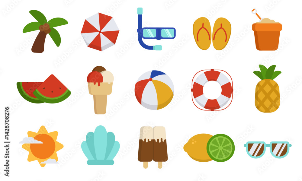 Summer icon flat illustration collection set isolated on white Summer icon flat illustration collection set isolated on white