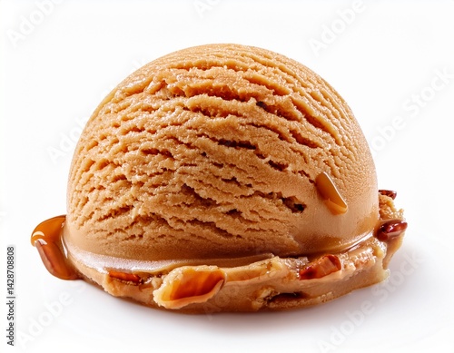 creamy pecan caramel ice cream scoop isolated on white background