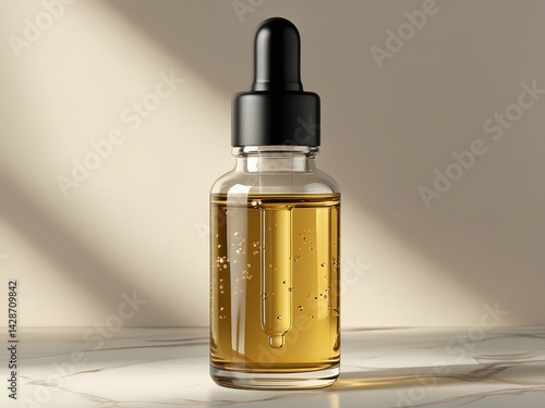 Wallpaper Mural Blank glass dropper bottle mockup for skincare serum, filled with golden viscous liquid and suspended bubbles. Features matte black cap, set on marble surface with soft natural shadows. Torontodigital.ca