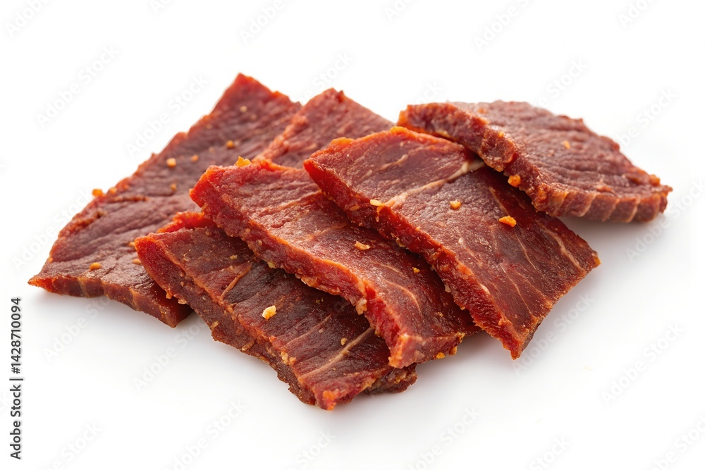 Fototapeta premium Spicy beef jerky on white background