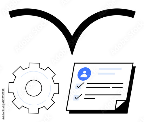 Gear next to profile document with checkmarks beneath abstract bird-thumbs up symbol. Ideal for workflow, settings, achievements, profile setup, tasks, account management, simple landing page