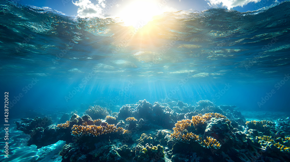 Fototapeta premium Stunning Underwater Coral Reef Scene With Sunlight