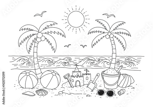 Tropical beach scene with palm trees, sandcastle, and beach toys on a sunny day in a fun coloring book illustration