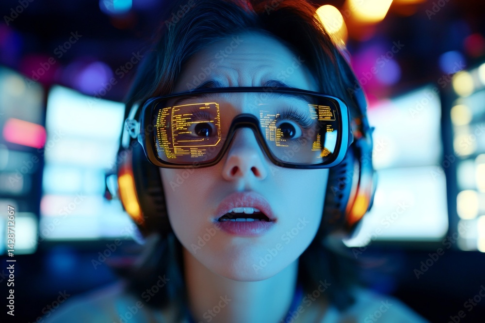 Background is a dark room with cloud data centers. Visual idea of female computer nerd, artificial intelligence. Cybersecurity specialist. Graphs and computer text reflections in her glasses. Background is a dark room with cloud data centers. Visual idea of female computer nerd, artificial intelligence. Cybersecurity specialist. Graphs and computer text reflections in her glasses.