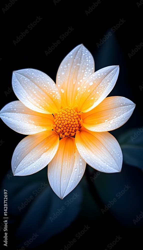 Fototapeta premium Dew-kissed pale yellow flower with orange center against dark background