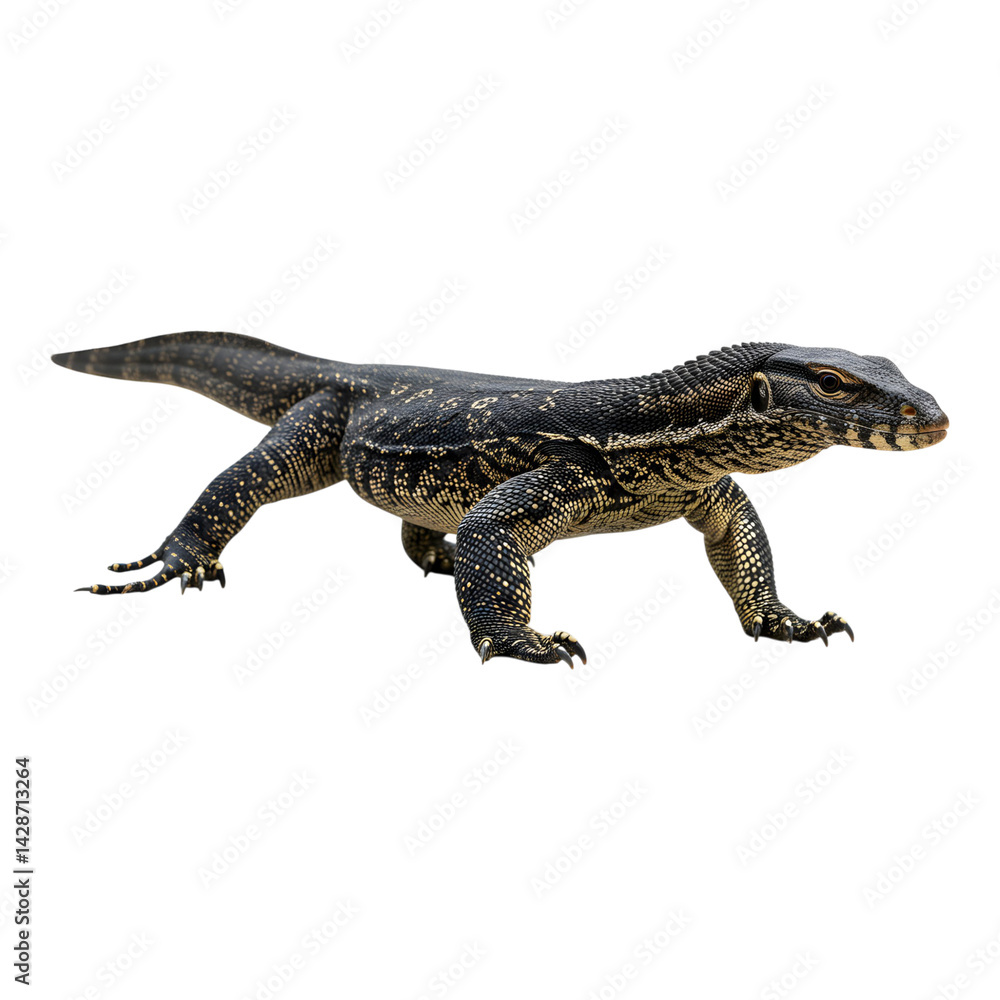 Obraz premium Monitor lizard with longer tail slinking forward on white background