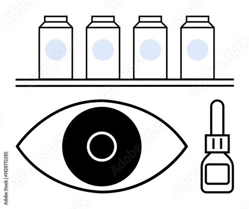 Eye illustration, drop bottle, shelf with four medicine containers. Ideal for eye care, health, vision, pharmacy, optometry wellness clean aesthetics. Perfect for simple landing page