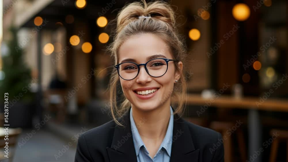 Portrait of a smiling woman with glasses and hair in a messy bun style Portrait of a smiling woman with glasses and hair in a messy bun style