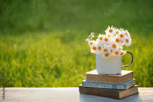 Fototapeta Naklejka Na Ścianę i Meble -  chamomile flowers bouqet in enamel mug and books on table in garden. sunny summer background. romantic rustic floral composition. copy space