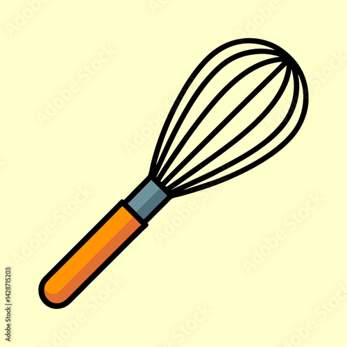 Illustration of a wire whisk with orange handle on a cream background