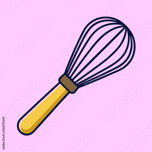 Illustration of a simple metal whisk with yellow handle on pink background
