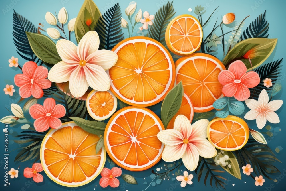 Fototapeta premium Exotic composition with orange slices, tropical flowers and lush leaves art