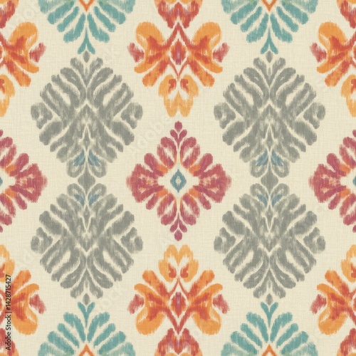 Seamless Oriental Ikat Embroidery Background with Symmetrical Floral Elements