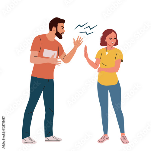 Angry man blaming, shouting at upset woman.Vector flat cartoon illustration