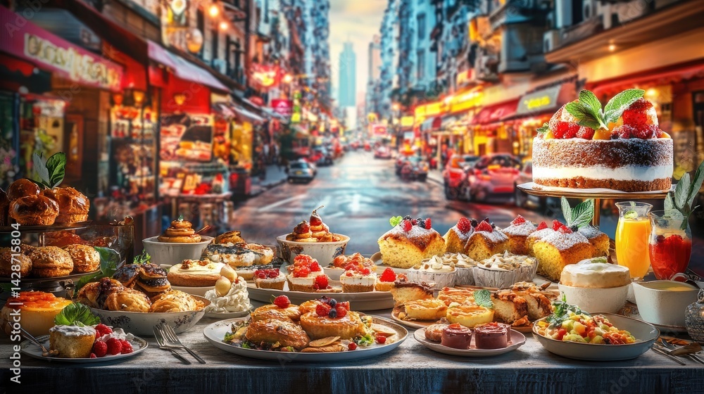 A table laden with pastries and desserts sits in front of a Parisian street scene. A table laden with pastries and desserts sits in front of a Parisian street scene.