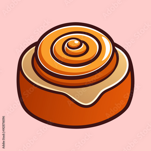 Cartoon Illustration of a Delicious Cinnamon Roll on a Light Pink Background