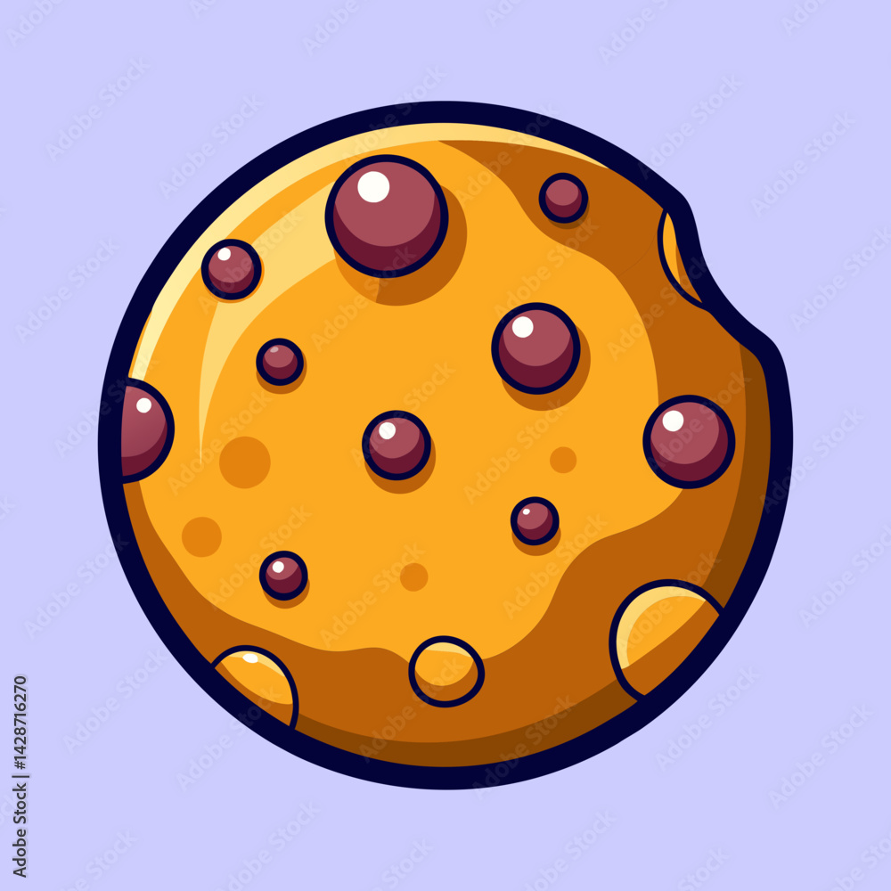 Fototapeta premium A Cartoon Chocolate Chip Cookie with a Bite Missing on Lavender Background