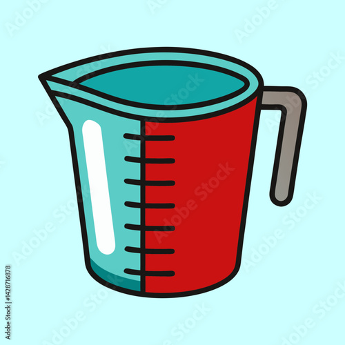 Cartoon measuring cup illustration with a teal and red color scheme