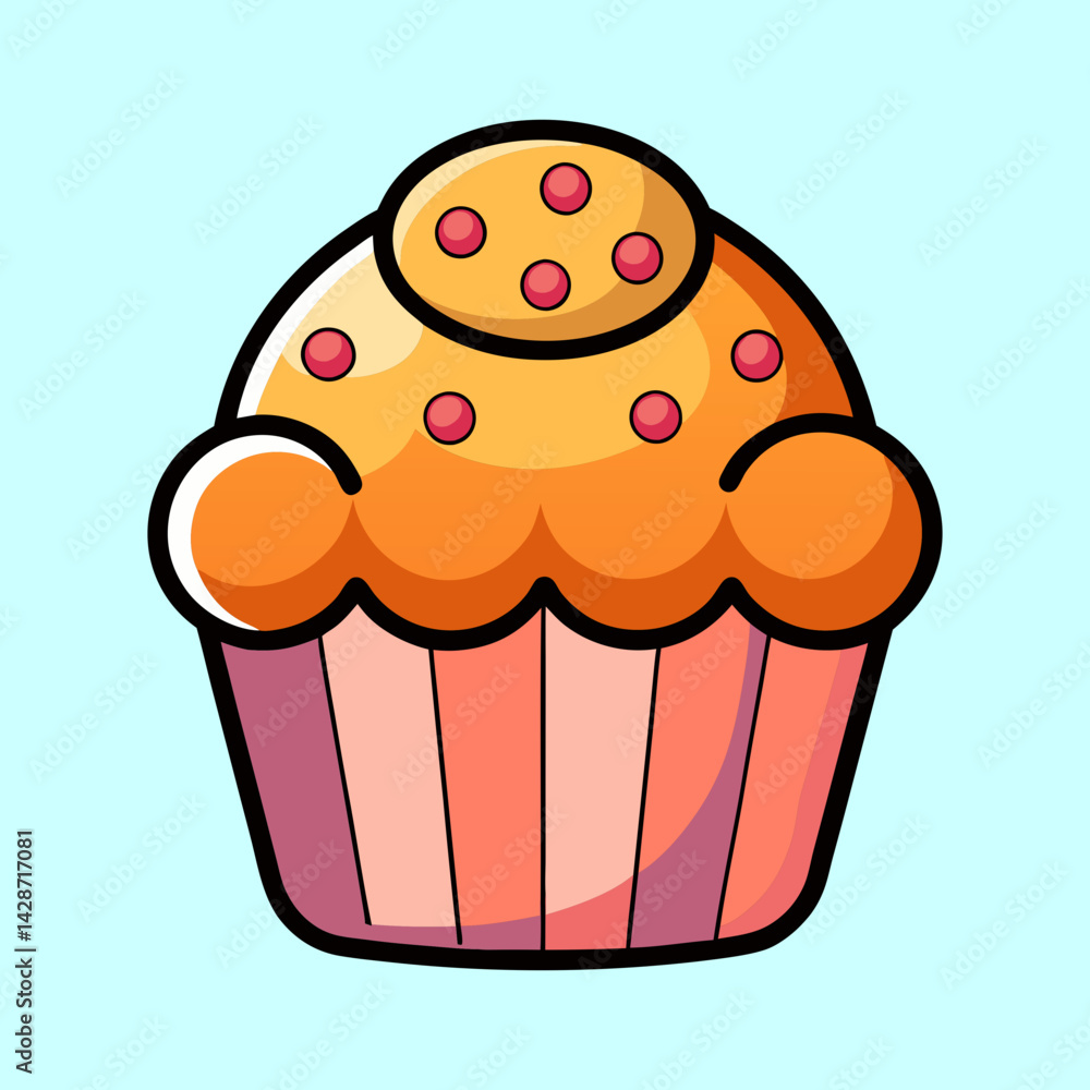 Delicious cupcake with frosting and toppings on a light blue background